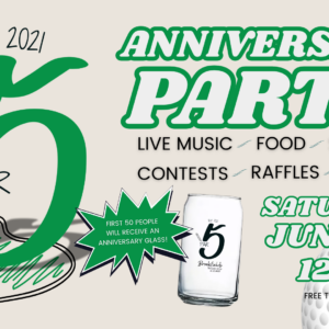 Poster advertising a 6th anniversary party with live music, food, contests, raffles, and more; details include Saturday, June 27 and the first 50 guests receive an anniversary glass.