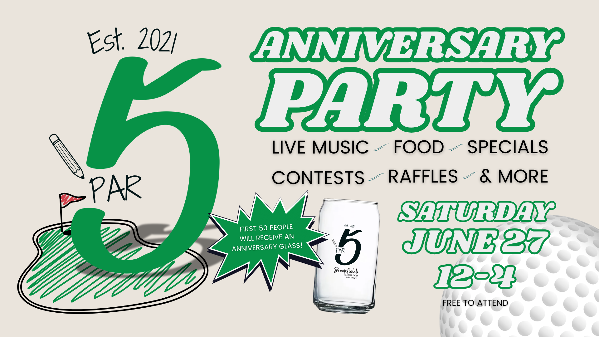 Poster advertising a 6th anniversary party with live music, food, contests, raffles, and more; details include Saturday, June 27 and the first 50 guests receive an anniversary glass.