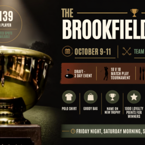Promotional banner for The Brookfields Cup: $139 per player, limited spots; Oct 9–11, Team Sam vs Team Brian.